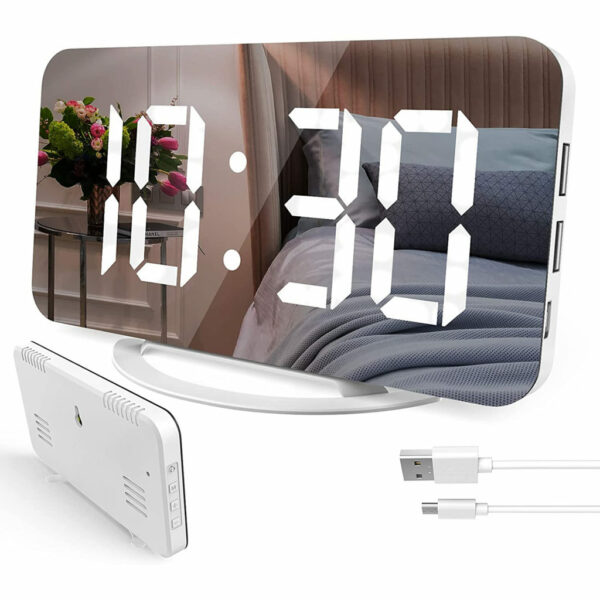 Digital Alarm Clock, Large Mirrored LED Clock, Snooze, Dim Night Light 2 USB Charger Ports Desk Alarm Clocks for Bedroom Decor 7