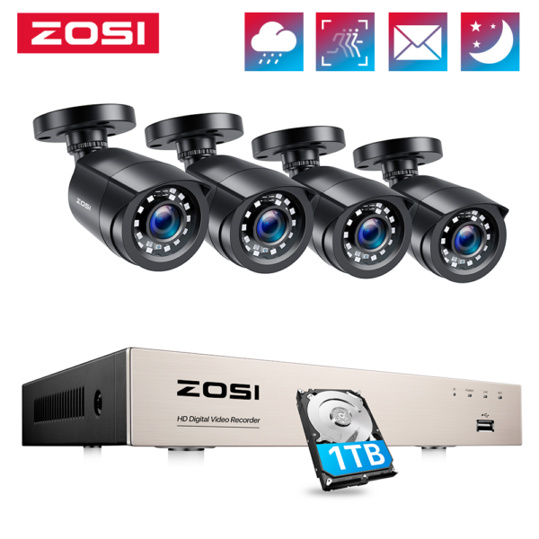 Full 1080p Home Security Camera System Outdoor Indoor,  5MP-Lite 8CH DVR with 2TB HDD and 8 x 1080p Camera with Night Vision Weatherproof Surveillance Camera, Motion Alerts