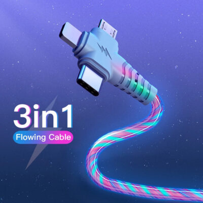 3 in 1 LED Glow Flowing Charger Cable Luminous Lighting Fast Charging Micro USB Type C For iPhone and Android